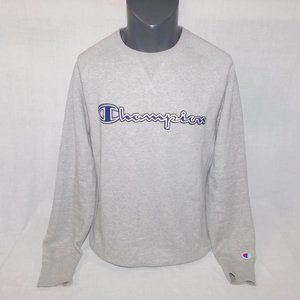 Champion Mens L Gray Logo Spellout Crewneck Sweatshirt Activewear Gym Athleisure